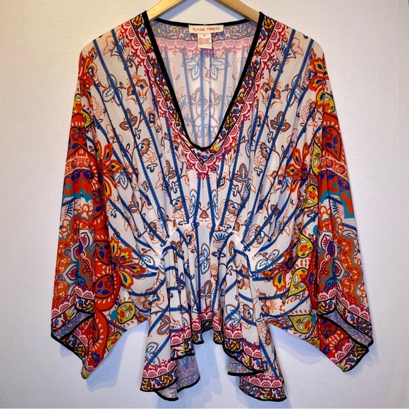 Flying Tomato Tops - Flying Tomato M Hobo Blouse Orange Graphic Print Bell Sleeve
